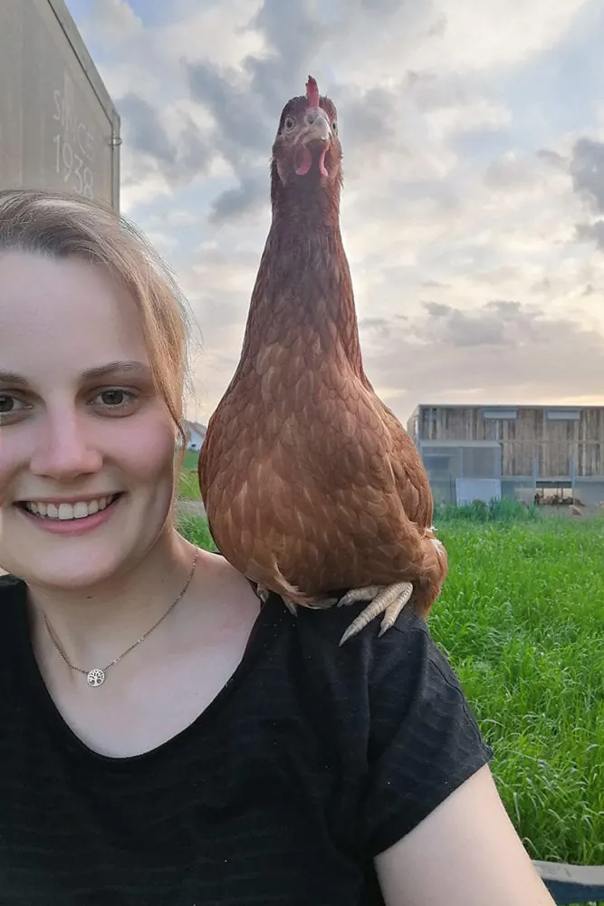 Caroline Behmann mit ihren Hühnern auf der Freilandwiese